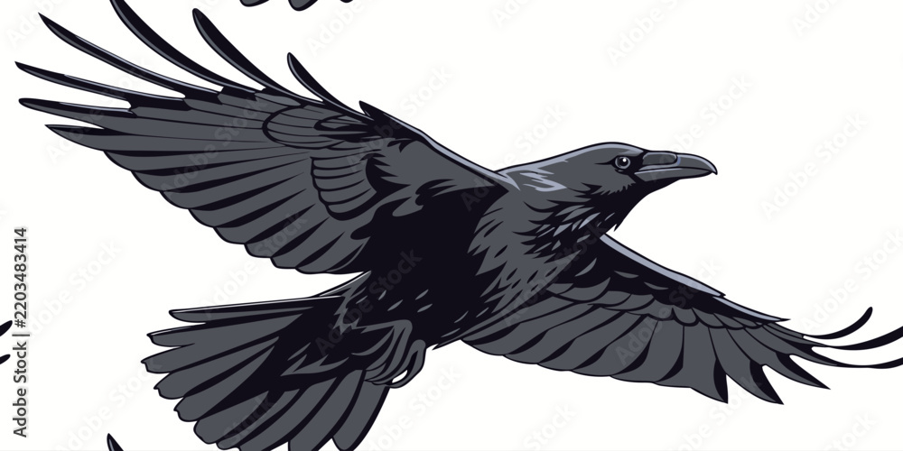 Fototapeta premium Black raven flying with wings spread in flat vector illustration flying bird silhouette animal illustration bird in flight nature wildlife vector art flying creature predator bird