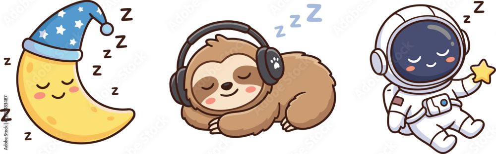 Fototapeta premium Cute Sleeping Sloth Astronaut and Moon Character Set Featuring Cartoon