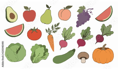 Organic Fruit and Vegetable Illustration Set, Hand Drawn Farm Fresh Produce Vector