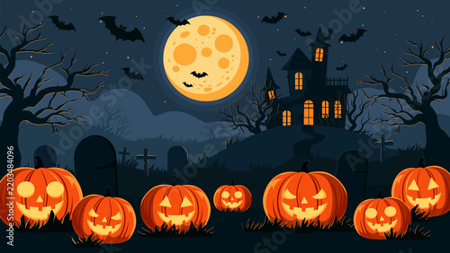 Festive Halloween background design. Vector illustration of a spooky night in an abandoned cemetery with pumpkins, the light of a large moon illuminating an old house, and bats circling overhead.