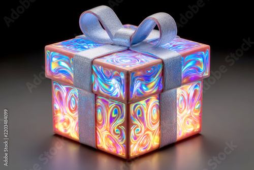 Colorful glowing gift box with silver ribbon and bow