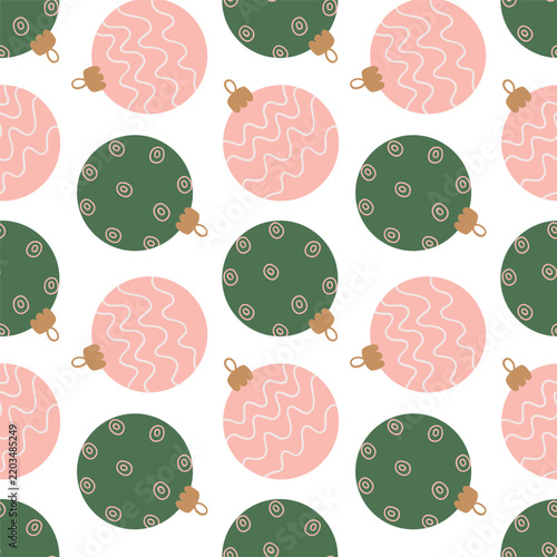 Christmas seamless pattern with green and pink baubles background for holiday design