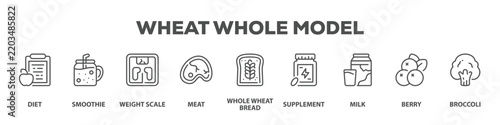 Wheat Whole Model with icon of Diet, Smoothie, Weight scale, Meat, Whole wheat bread, Supplement, Milk, Berry, Broccoli
