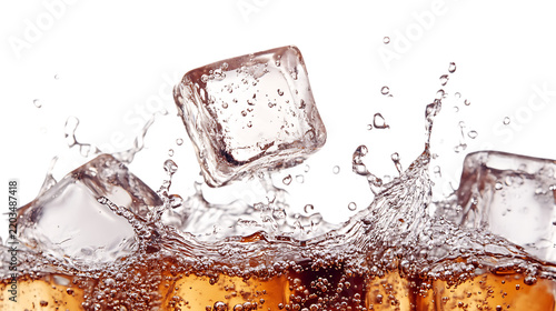 Glass of cola with ice cubes alongside a glass of fresh water and cold cola isolated on white background