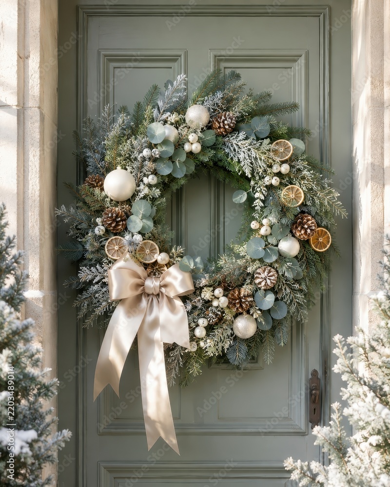 Obraz premium Elegant winter wreath with satin bow decorating a green front door