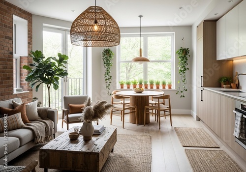 Earthy Boho Living & Dining: Natural light floods a chic, modern space.