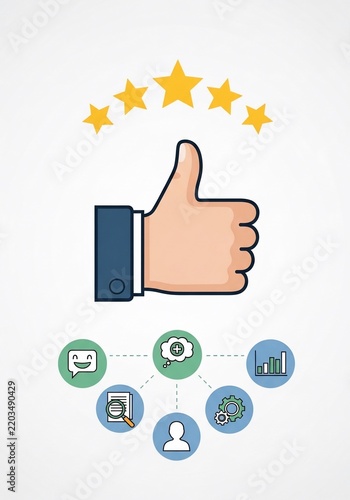 Vector Art: Thumbs Up with Stars & Icons, Symbolizing Approval and Success