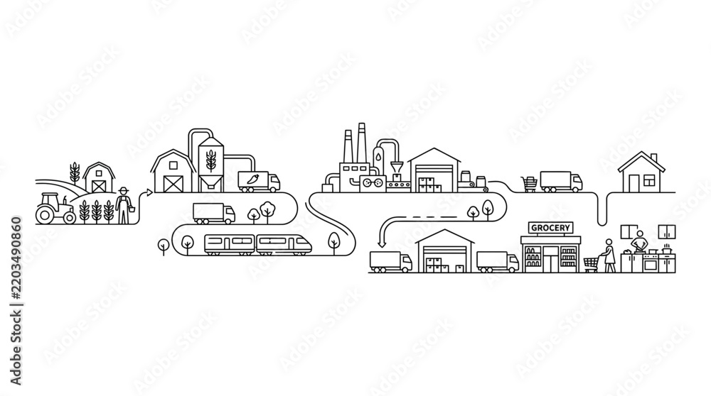 Obraz premium Supply Chain and Logistics Network from Farm to Consumer in Outline Style on Transparent Background