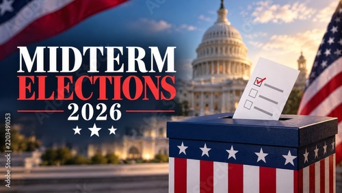 Sunset Midterm Elections 2026 Banner with Ballot Box, American Flag and US Capitol