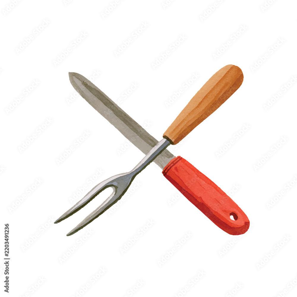 Fototapeta premium Crossed Carving Knife and Fork Kitchen Utensils Vector Watercolor Illustration.