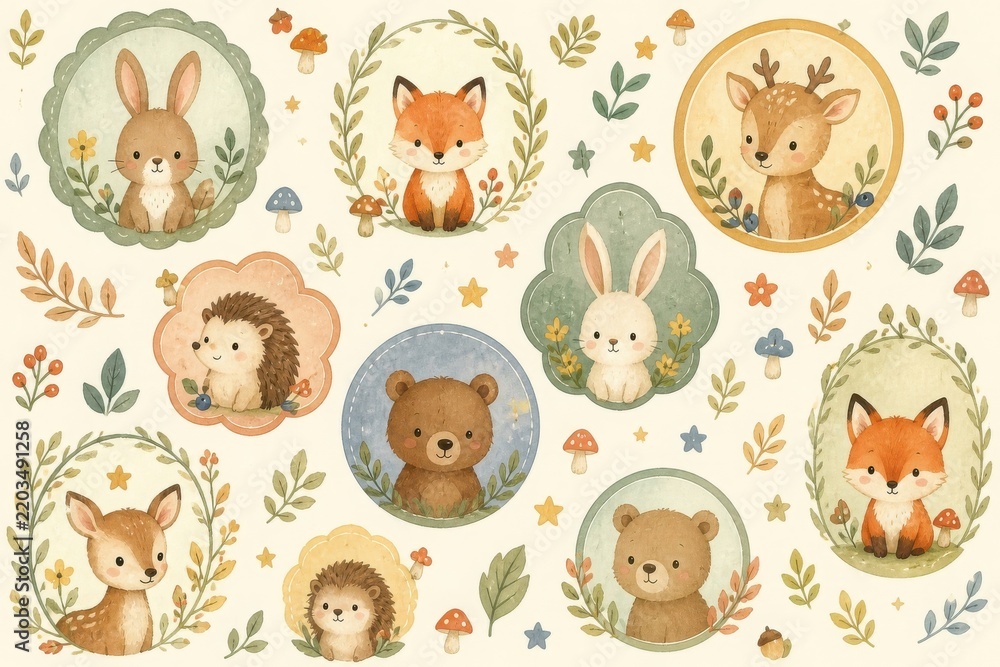 Obraz premium Woodland animal nursery clipart collection with watercolor foliage