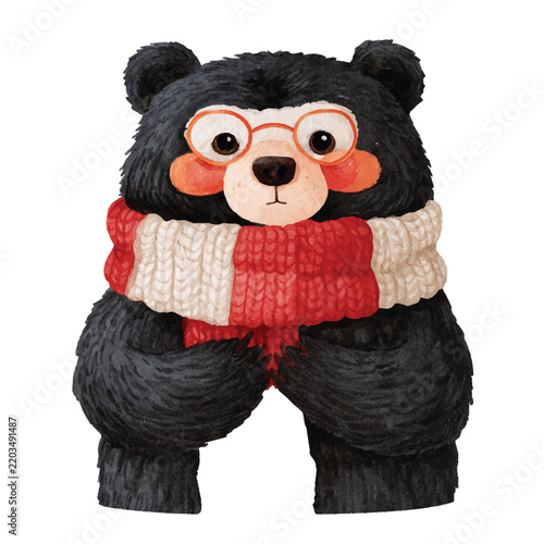 Cute Black Bear Cartoon Character With Glasses And Red White Scarf Watercolor Illustration.