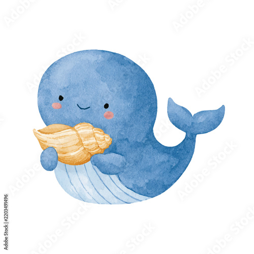 Cute Blue Watercolor Whale Holding A Seashell.