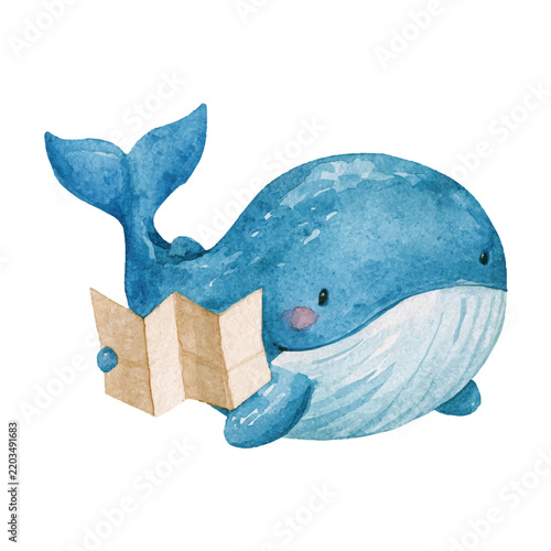 Cute Blue Watercolor Whale Reading Open Book Illustration.