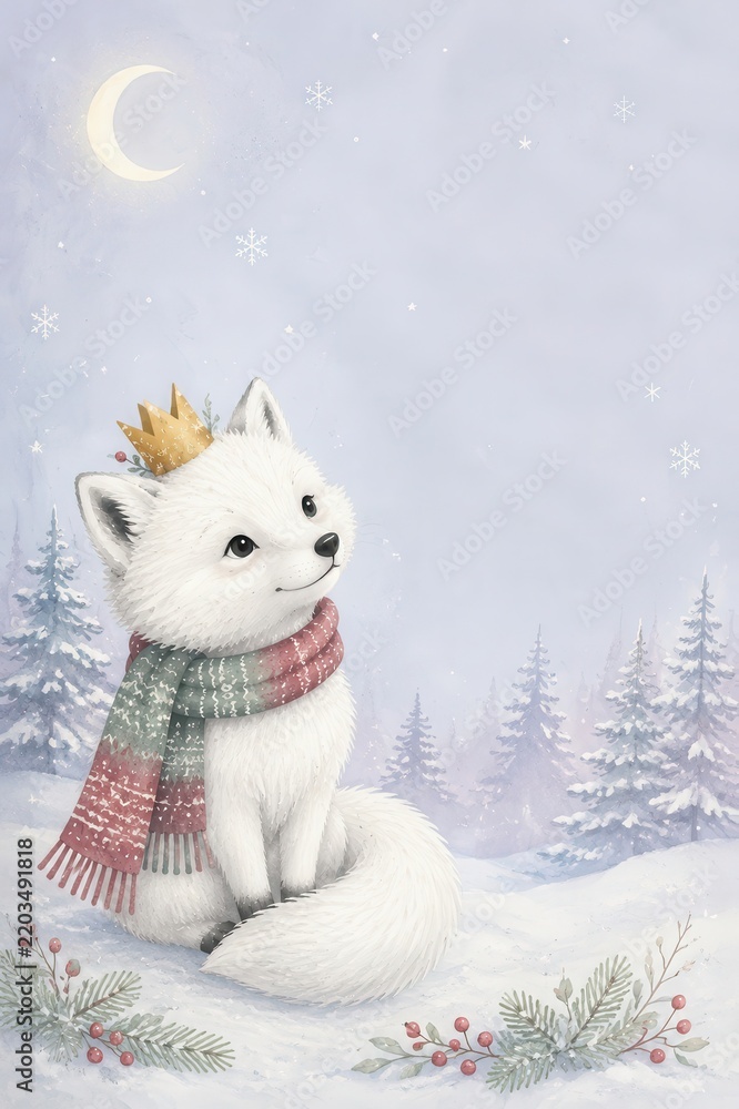 Obraz premium Whimsical arctic fox prince amid snowy winter forest