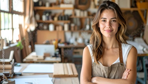 Mujer con delantal y brazos cruzados en un taller creativo