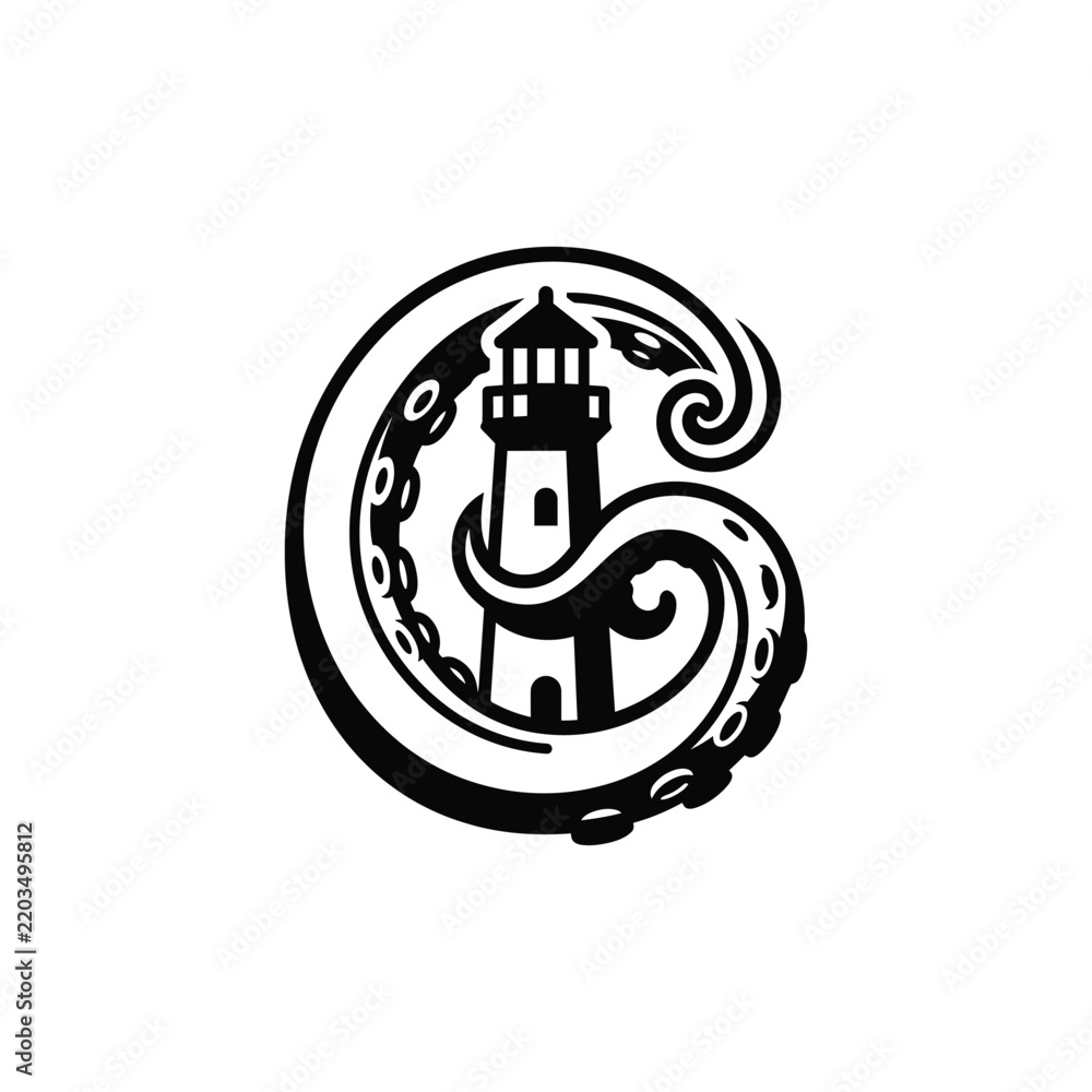 Fototapeta premium Lighthouse embraced by kraken tentacles logo design.