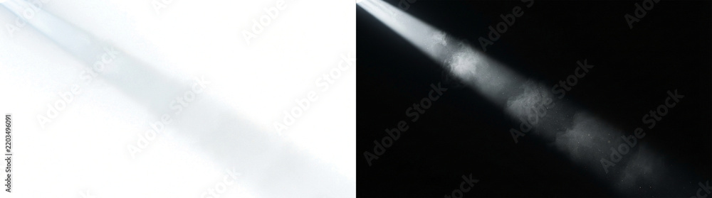 Obraz premium Cinematic Volumetric Light Beam with Smoke and Fog Texture on a Dark Black Background, Diagonal Ray of Light for Dramatic Atmosphere and Graphic Design Background Overlay.