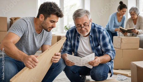Father and son assembling furniture together from instructions in new home with family unpacking boxes nearby