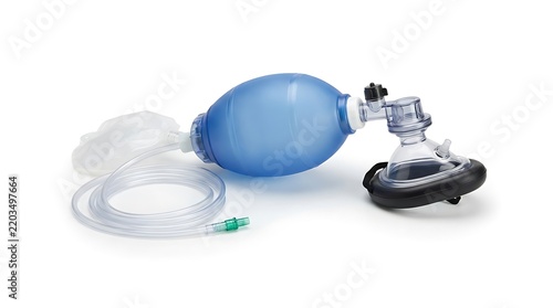 Manual resuscitator bag with oxygen mask for emergency medical ventilation and airway support