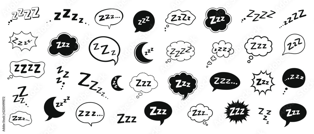 Fototapeta premium Sleep zzz icon. Snore bubble with cartoon cloud, line emoji for dreamy and relaxed vector set. Hand drawn bed and nap symbol for insomnia, bedtime app. Slumber, deep rest message 