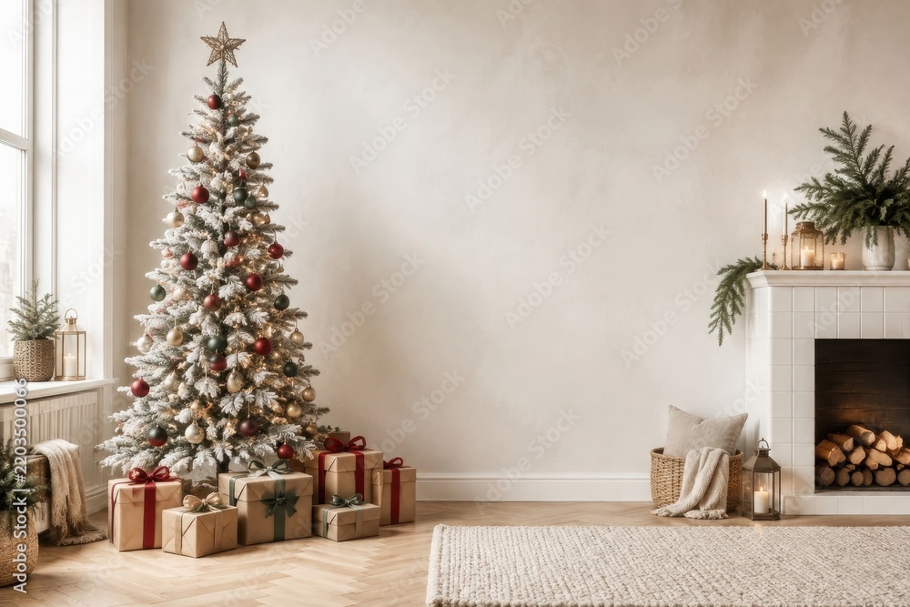 Fototapeta premium Elegant Christmas tree, gifts, fireplace, festive living room