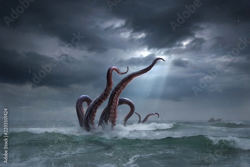 Giant sea monster tentacles surfacing in dark ocean storm