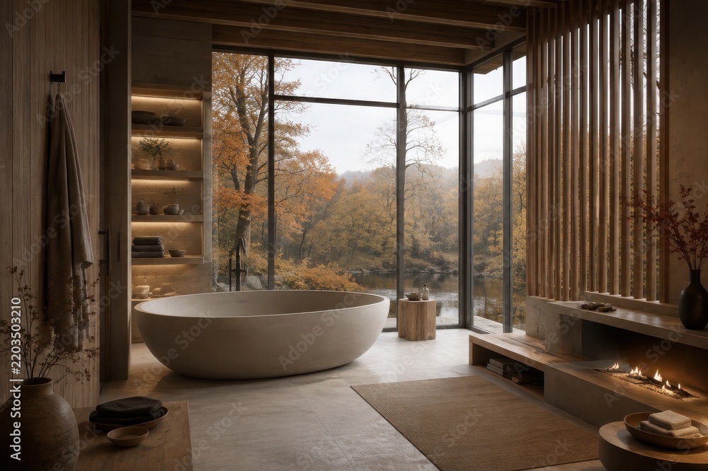 Fototapeta premium Luxurious modern bathroom overlooking tranquil autumn forest