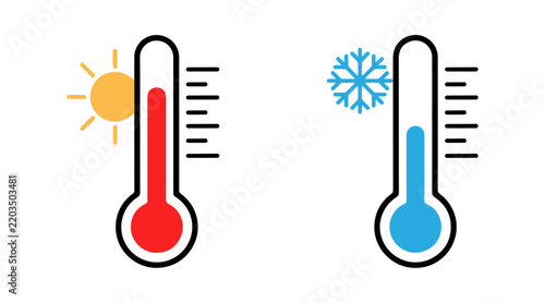Temperature control vector icon set, showing hot and cold weather symbols on black outline thermometers, isolated on a white background, ideal for climate apps or weather forecasts