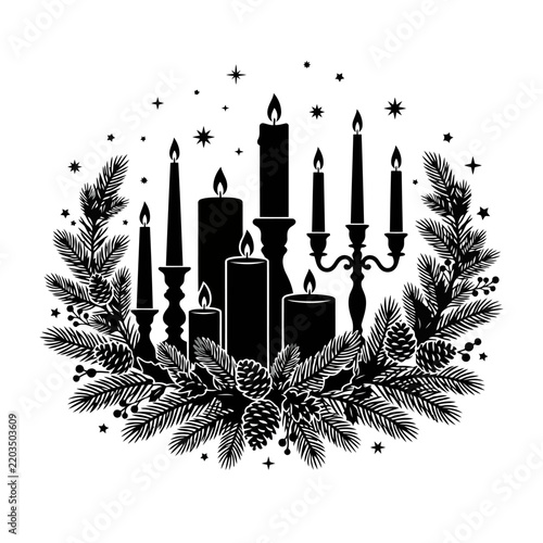 Winter holiday candle arrangement with evergreen branches and pinecones for festive decor.
