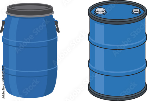 Two blue industrial storage barrels, a plastic drum and a metal oil drum, in flat vector illustration style