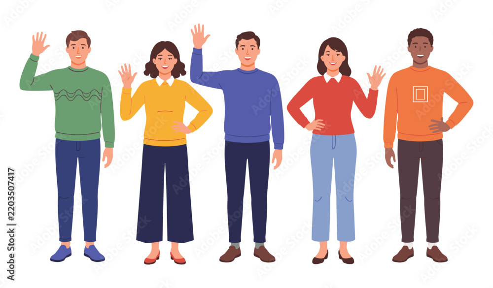 Obraz premium A diverse group of happy young men and women standing together and waving their hands in greeting