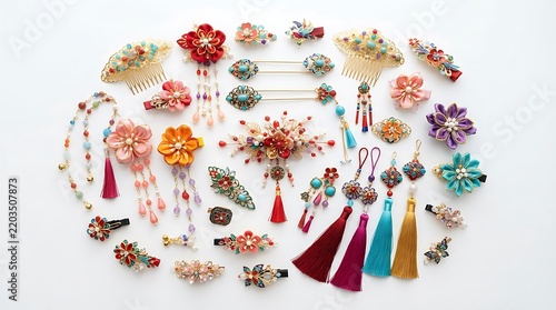 Traditional Asian hair accessories with fabric flowers and tassels