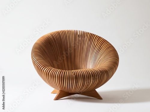 Modern Sculptural Wooden Chair Featuring Intricate Slatted Design Against Clean White Background