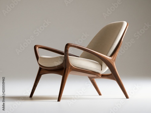 Modern Sculptural Wooden Lounge Chair With Textured Cream Upholstery In A Bright Minimalist Setting