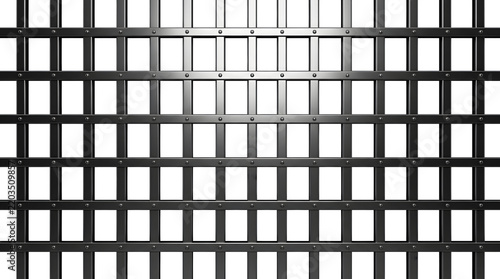 Repetitive black metal fencing forms a clean rectangular grid with evenly spaced uprights, horizontal rails and visible fasteners