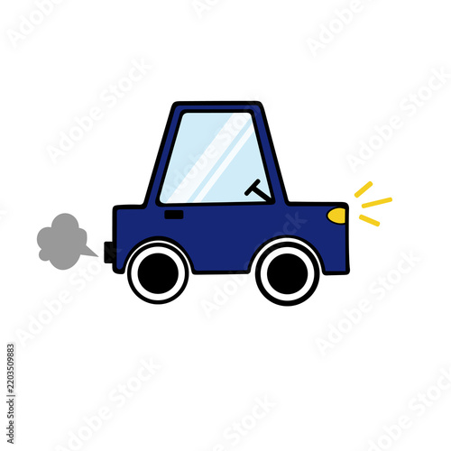Simple blue cartoon car illustration with a bright headlight, windshield, wheels, and exhaust smoke, isolated on a white background. Suitable for transportation, automotive, children's education, and 