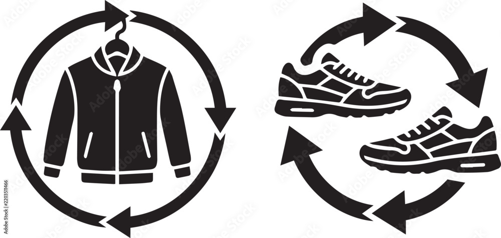 Fototapeta premium Clothing and shoes recycling vector icon set with jacket hanger and sneakers in circular arrows for sustainable fashion