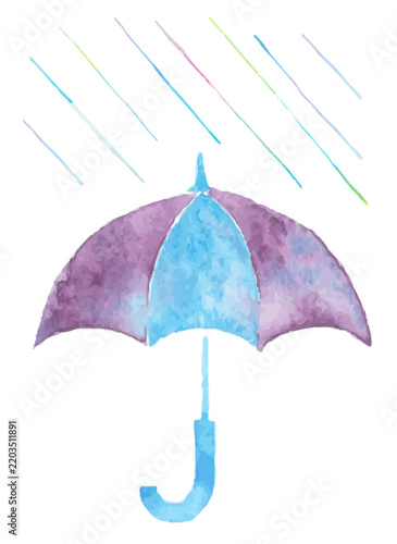 雨マークと傘を描いた水彩イラストレーション｜雨、傘、雨粒、天気、天気予報、気象