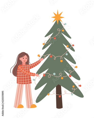 Girl decorating Christmas tree with fairy lights flat vector illustration