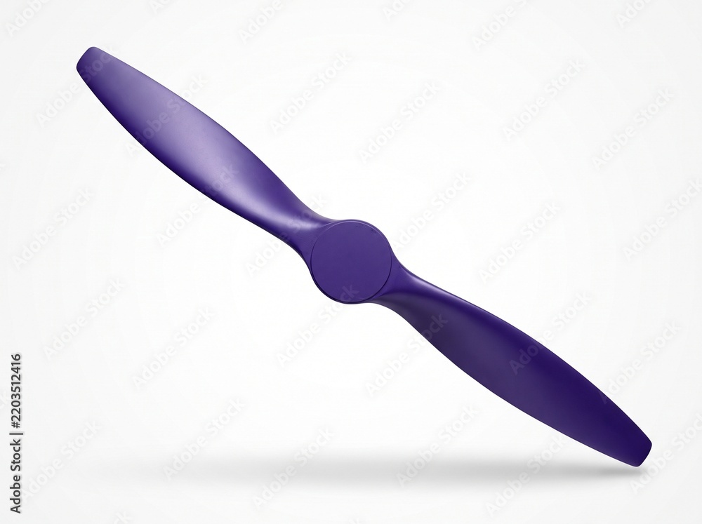 Obraz premium Violet aircraft propeller with two blades floating at an angle on white background, aviation concept product shot