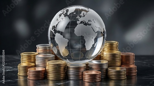 Glass Globe On Stacks Of Gold Coins Global Economy Concept