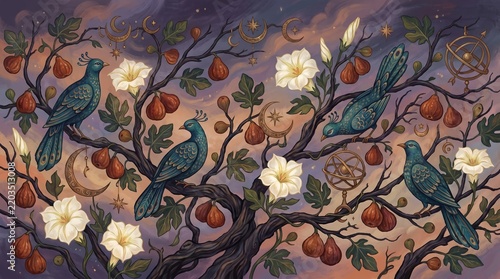 Turquoise birds perched among flowering branches at dusk