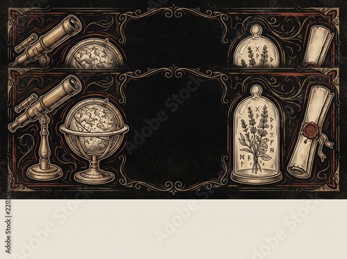 Scientific instruments and botanical specimens displayed on dark frame