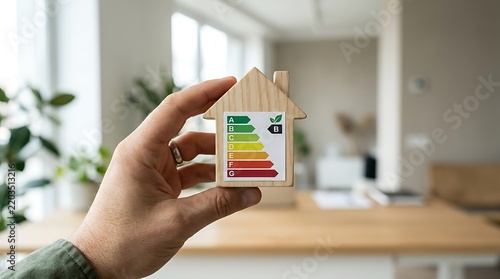 Hand Holding Wooden House Model With Energy Efficiency Rating Certificate