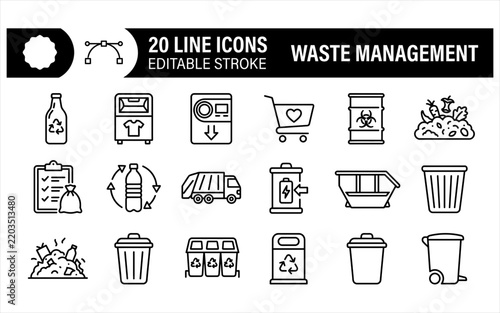 Waste management and recycling line icons with editable stroke include plastic bottle, trash bin, and garbage truck for environmental care.