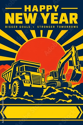 Bold Industrial New Year Design with Truck and Excavator against Rising Sun