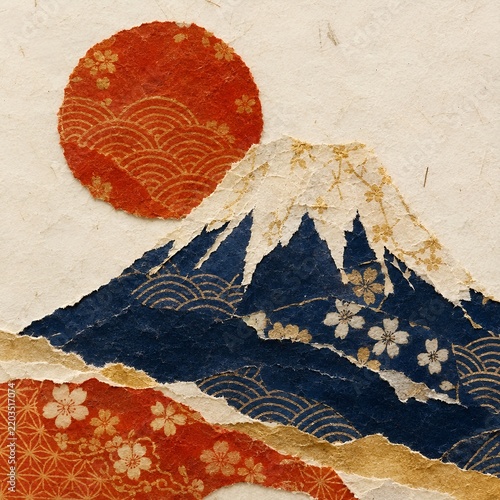 Chigirie Torn Paper Collage Chiyogami Washi Mountain and Sun