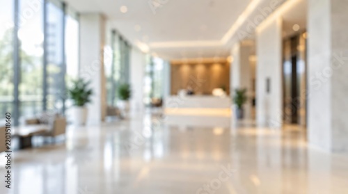 Blurred of a hotel or office building lobby background with a modern interior.