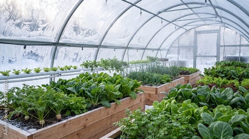 Fresh Green Vegetables Growing Inside Winter Greenhouse